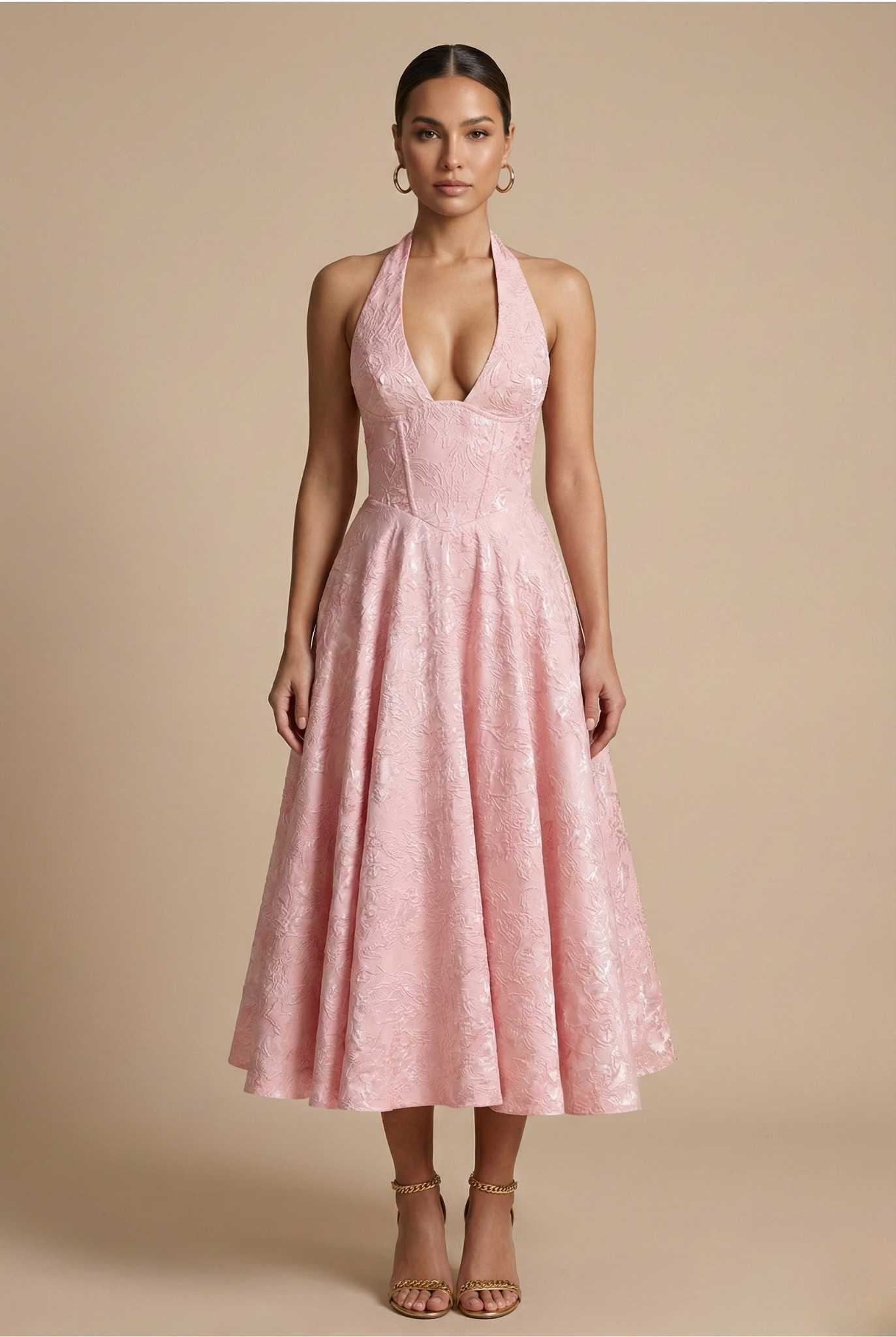 Women's Halter Neck Midi Dress with Fitted Bodice and Flared Skirt S Rolenna Women's Halter Neck Midi Dress with Fitted Bodice and Flared Skirt S Rolenna