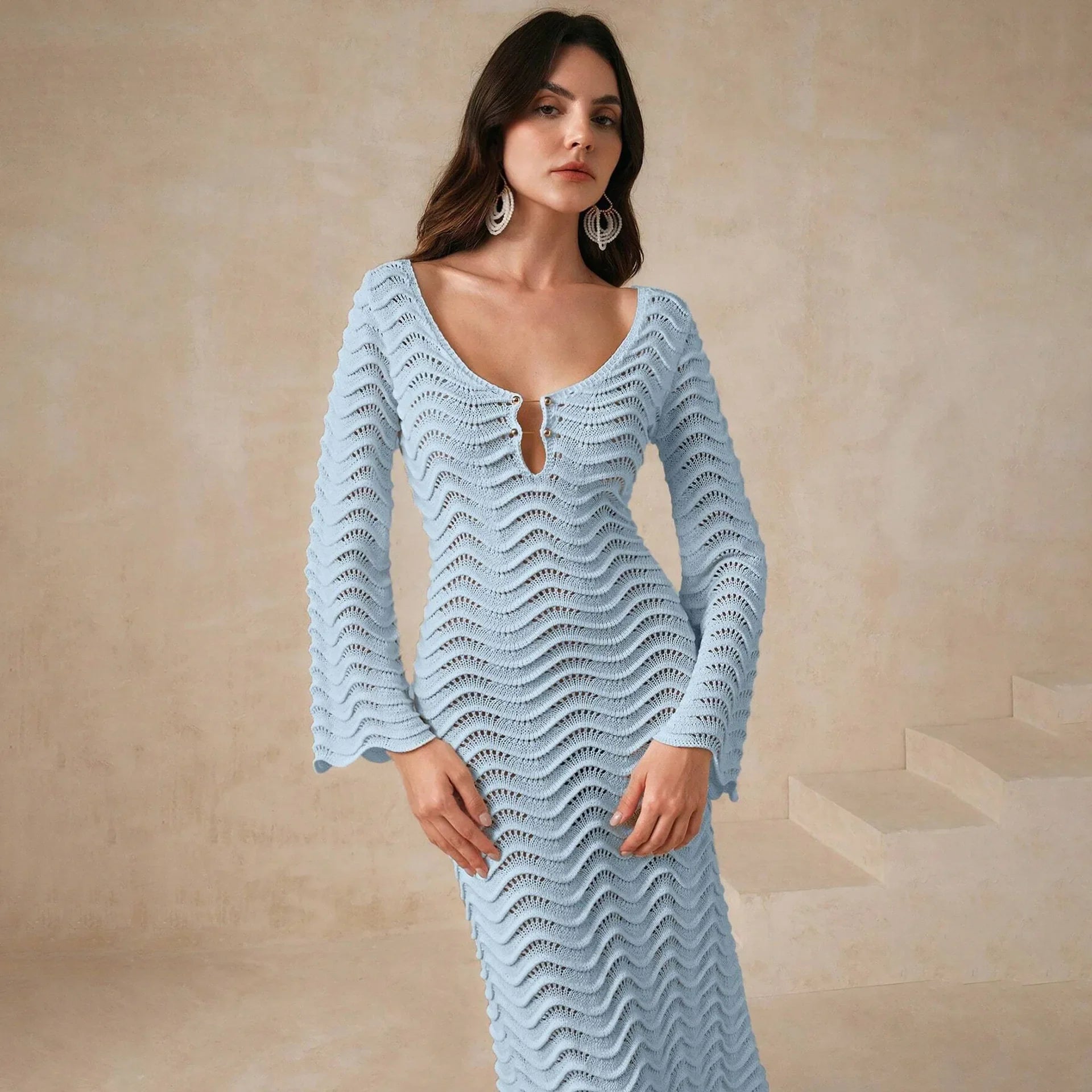 Women's Open Knit Maxi Dress with Long Flared Sleeves Button Front Key – Rolenna