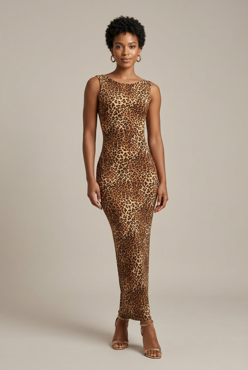 Women's Leopard Print Sleeveless Open Back Bodycon Maxi Dress – Rolenna