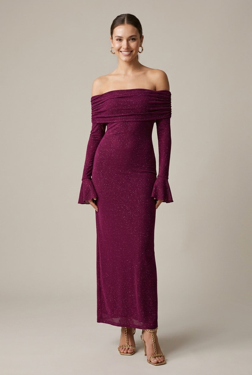 bardot bodycon dress long sleeve Women's Glitter Mesh Off Shoulder Maxi Dress