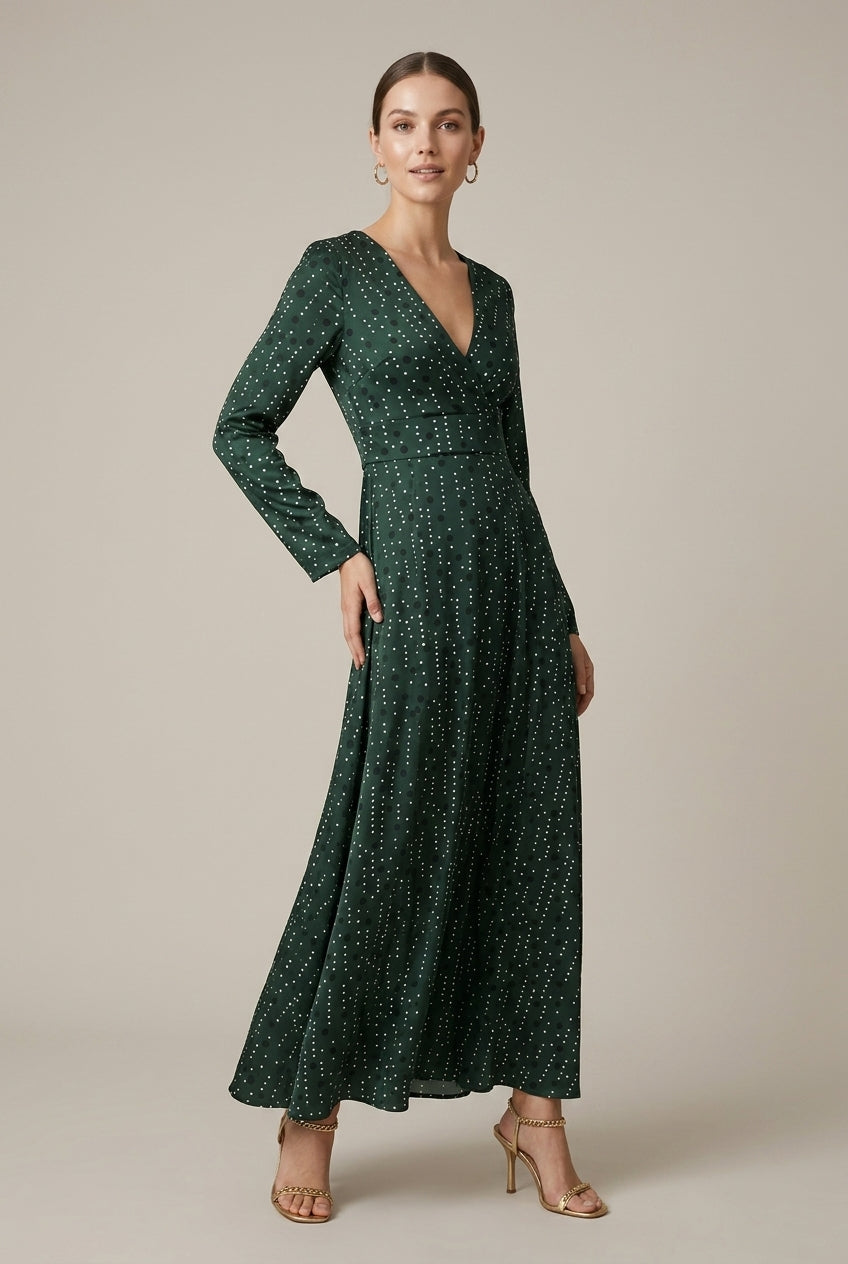 Women's Polka Dot Maxi Dress V-Neck Long Sleeve