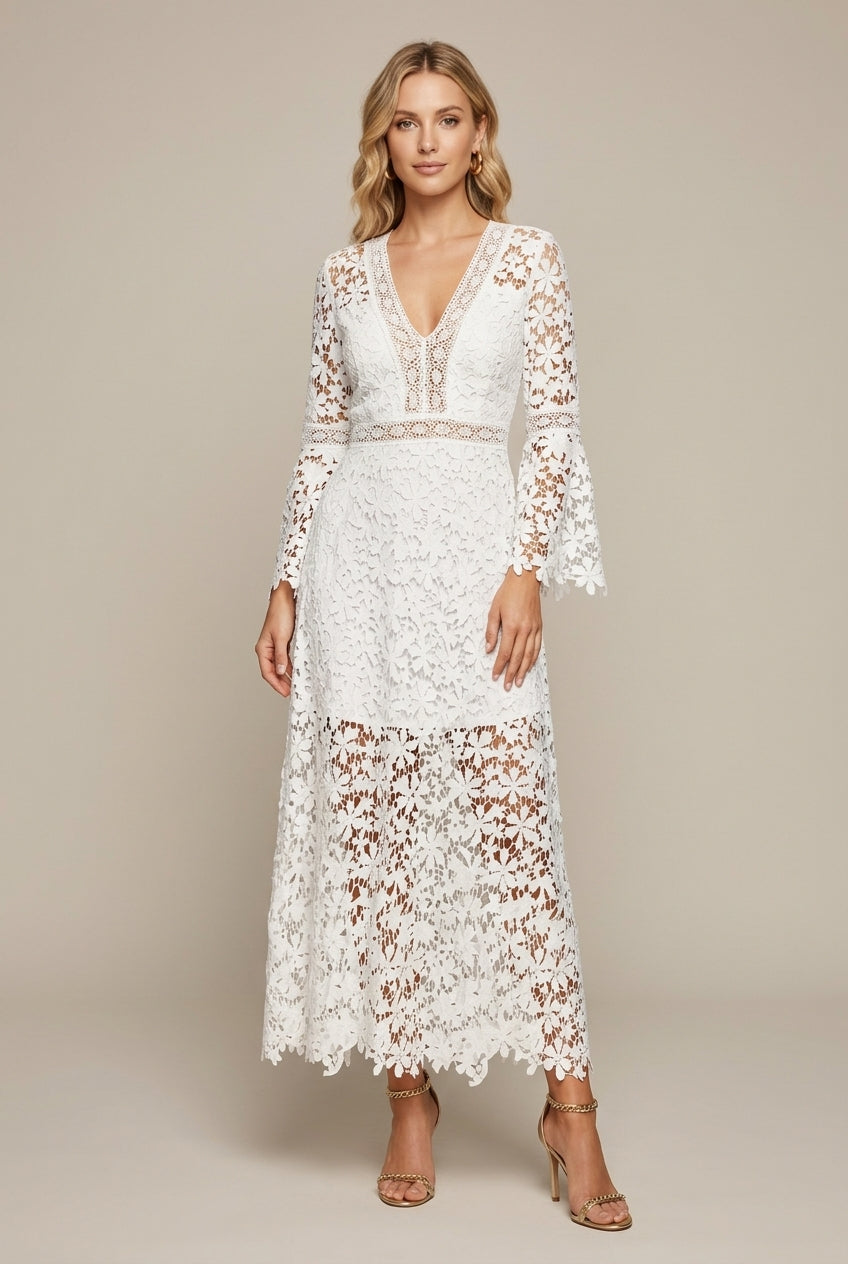 Women's Wedding Guest Lace Long Sleeve V-Neck Maxi Dress with Flared Hem, White / L Women's Wedding Guest Lace Long Sleeve V-Neck Maxi Dress with Flared Hem, White / L