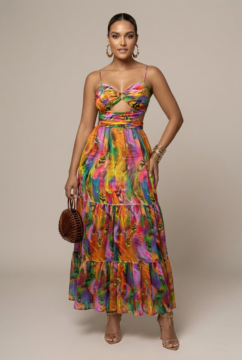 waist cut out maxi slip dress Elma Floral Printed Cut-out Mesh Maxi Slip Dress