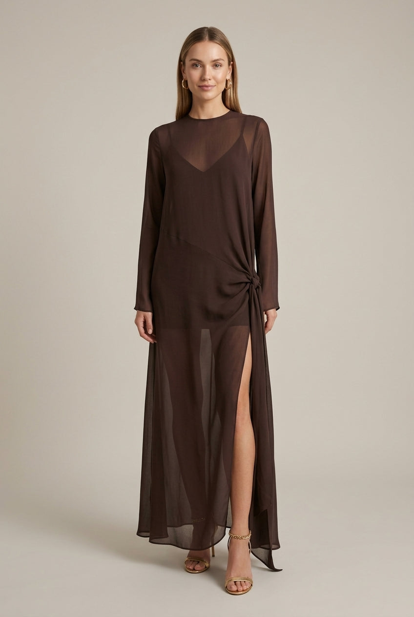Women's Sheer Mesh High Neck Maxi Dress with Side Tie and Slit