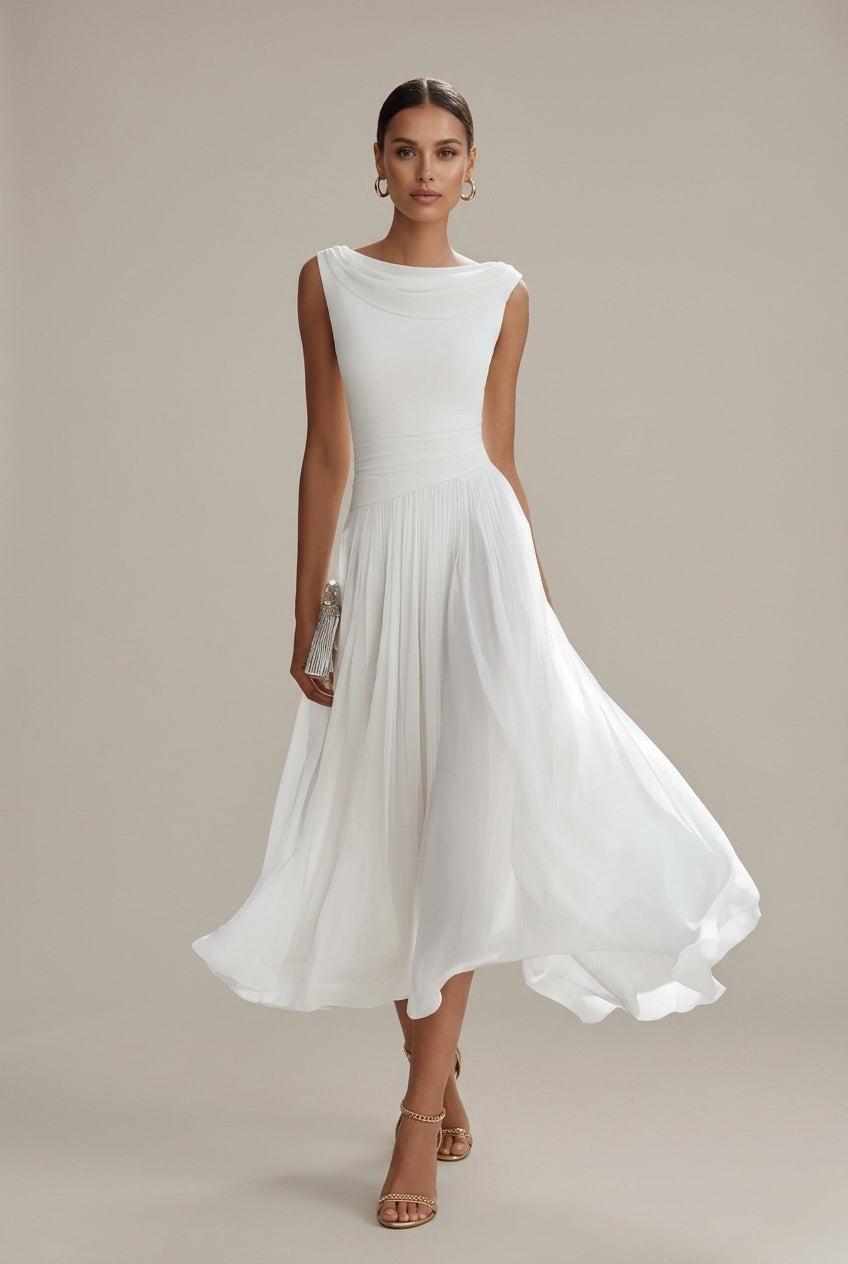 sleeveless draped midi dress Women's Sleeveless Draped Neckline Pleated Midi Dress, White / 3XL