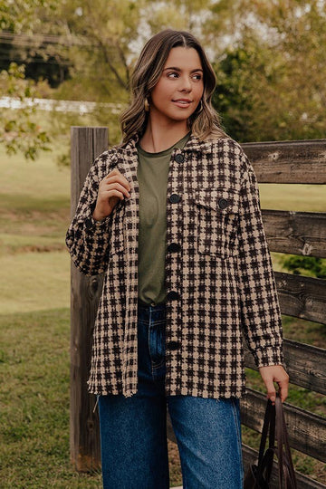 Checkered Button Front Crop Jacket with Collar and Long Sleeves