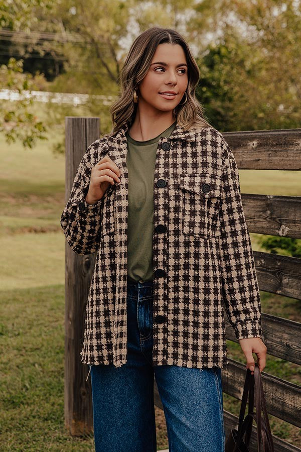 Checkered Button Front Crop Jacket with Collar and Long Sleeves