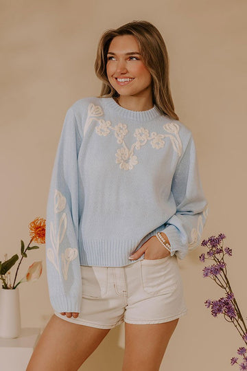 Cable Knit Pullover Sweater in Sky Blue with Colorful Floral Embroidery
