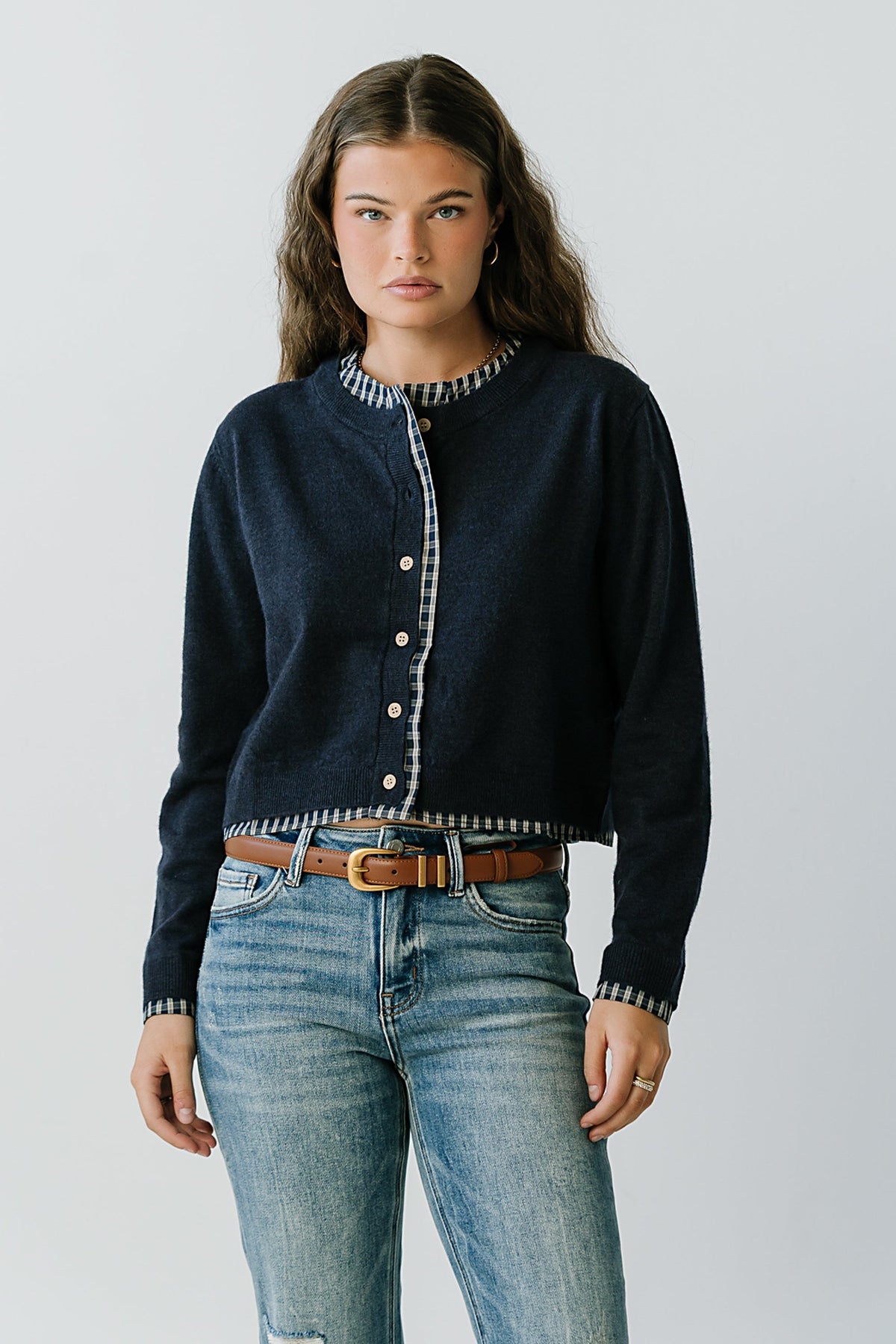 Long Sleeve Mixed Media Knit Top with Poplin Hem and Crew Neckline