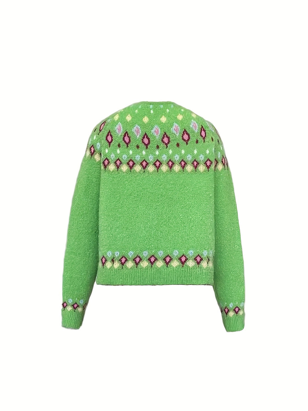 Button Front Cardigan with Nordic Geometric Pattern and V Neckline