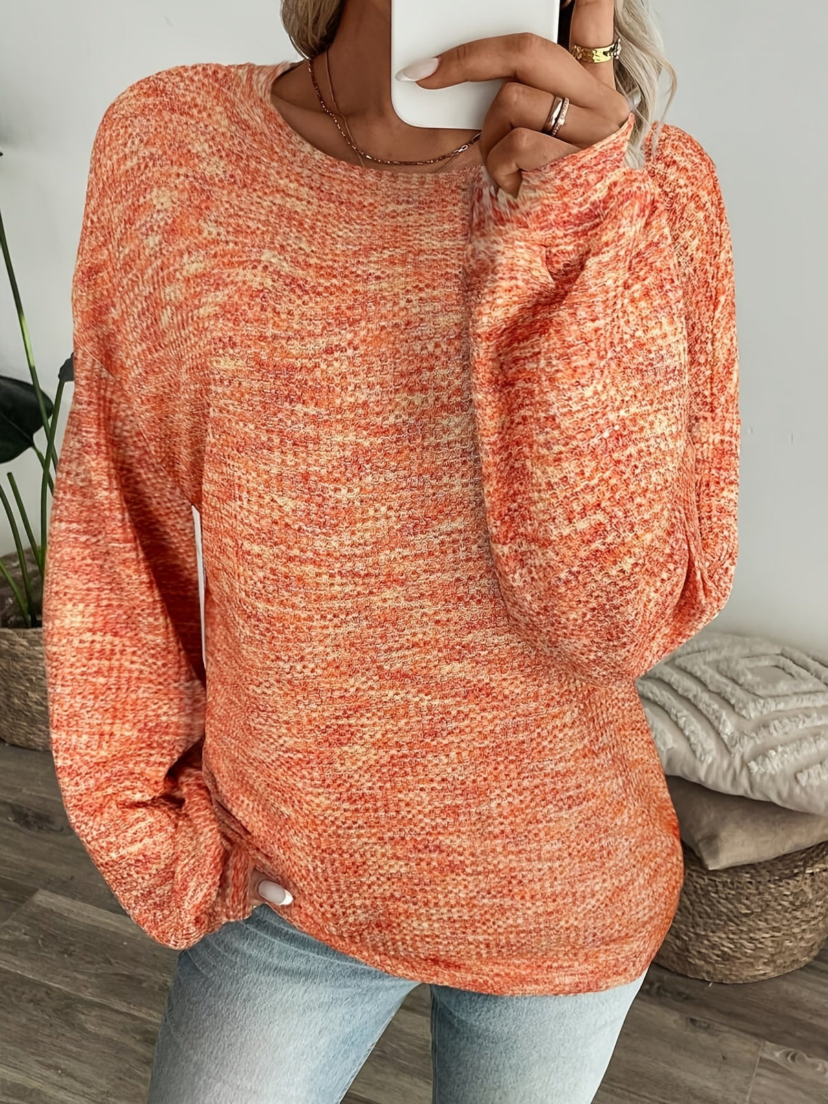 Waffle Knit Pullover with Round Neckline and Extended Hip Length