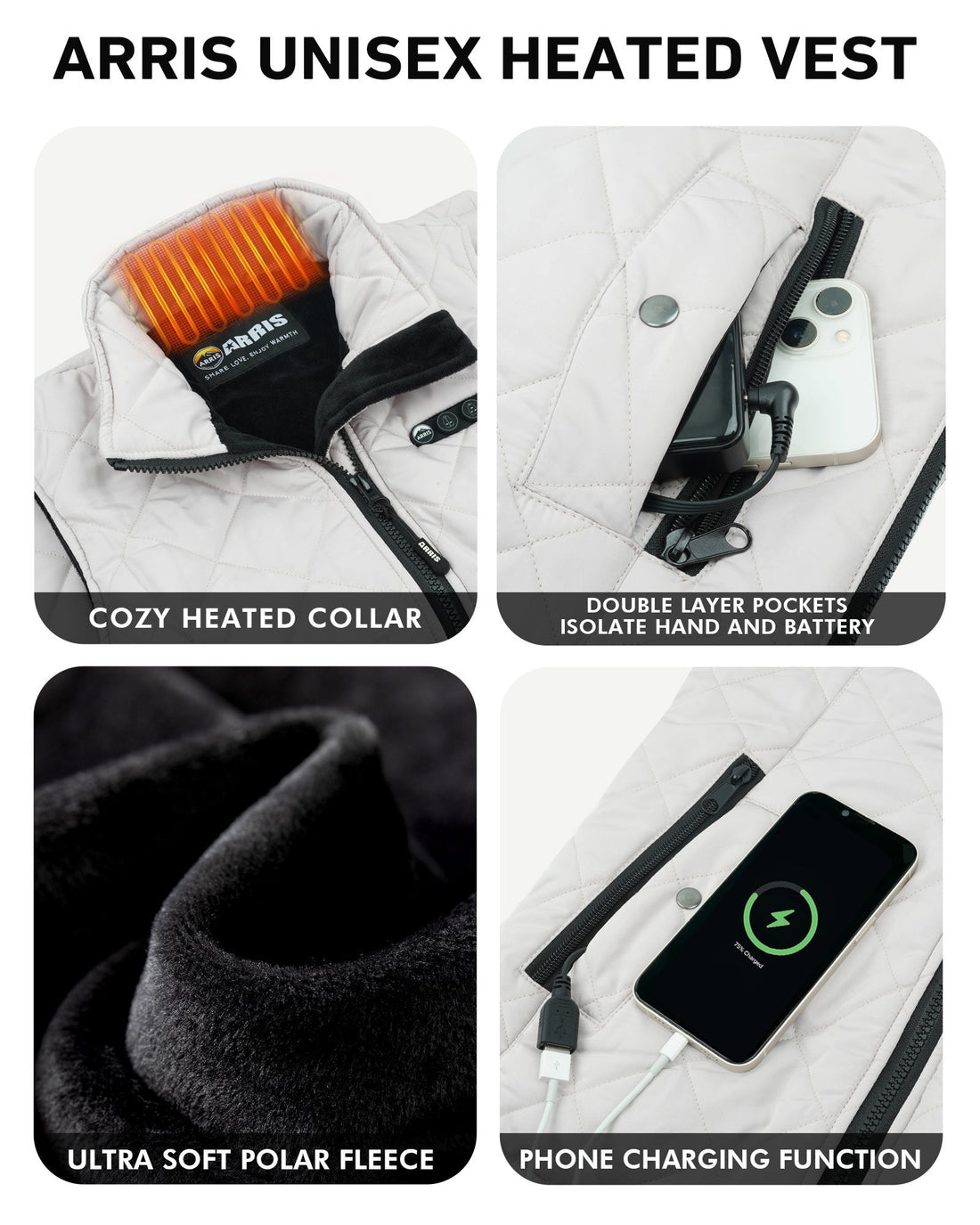 Women Electric Heated Vest with Adjustable Side Zippers and Thermal Warmth