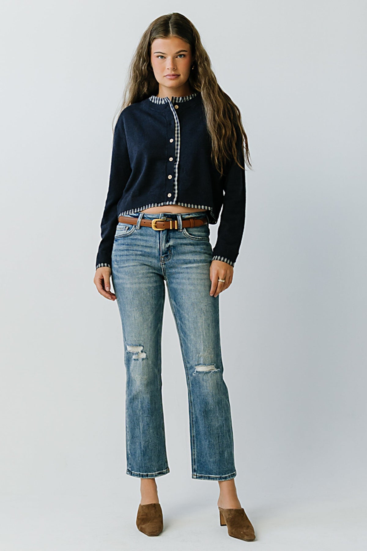 Long Sleeve Mixed Media Knit Top with Poplin Hem and Crew Neckline