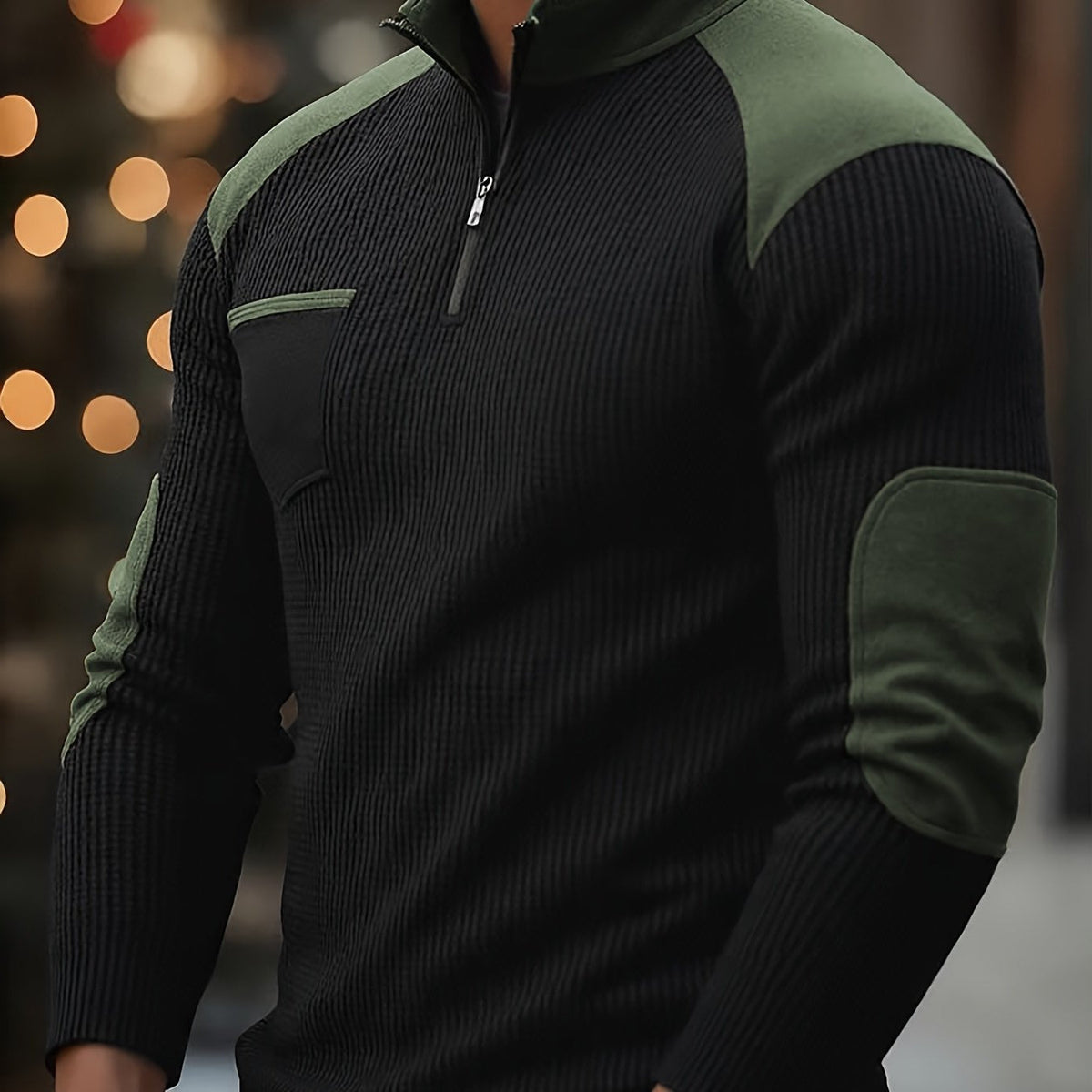 Quarter Zip Pullover with Textured Knit and Colour Block Panels, Stand Collar