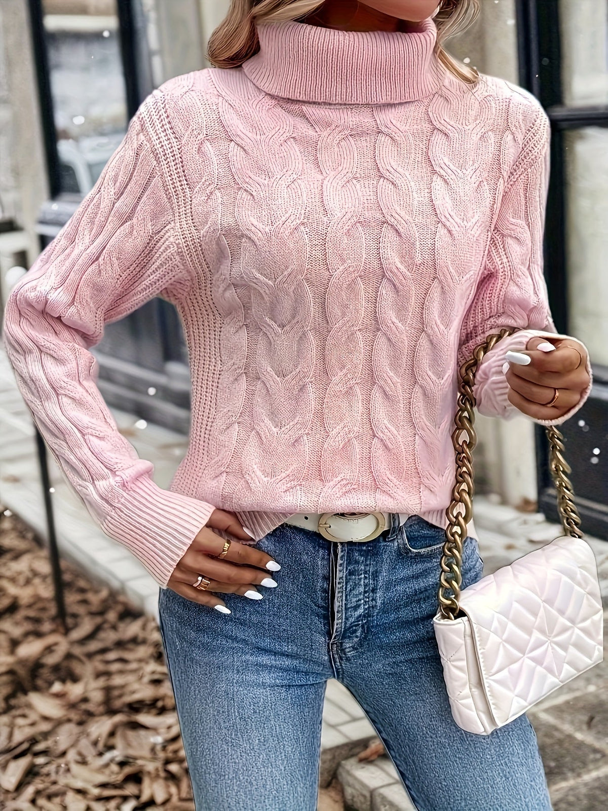 Turtleneck Sweater with Cable Knit Pattern and Relaxed Fit, Full Length Sleeves