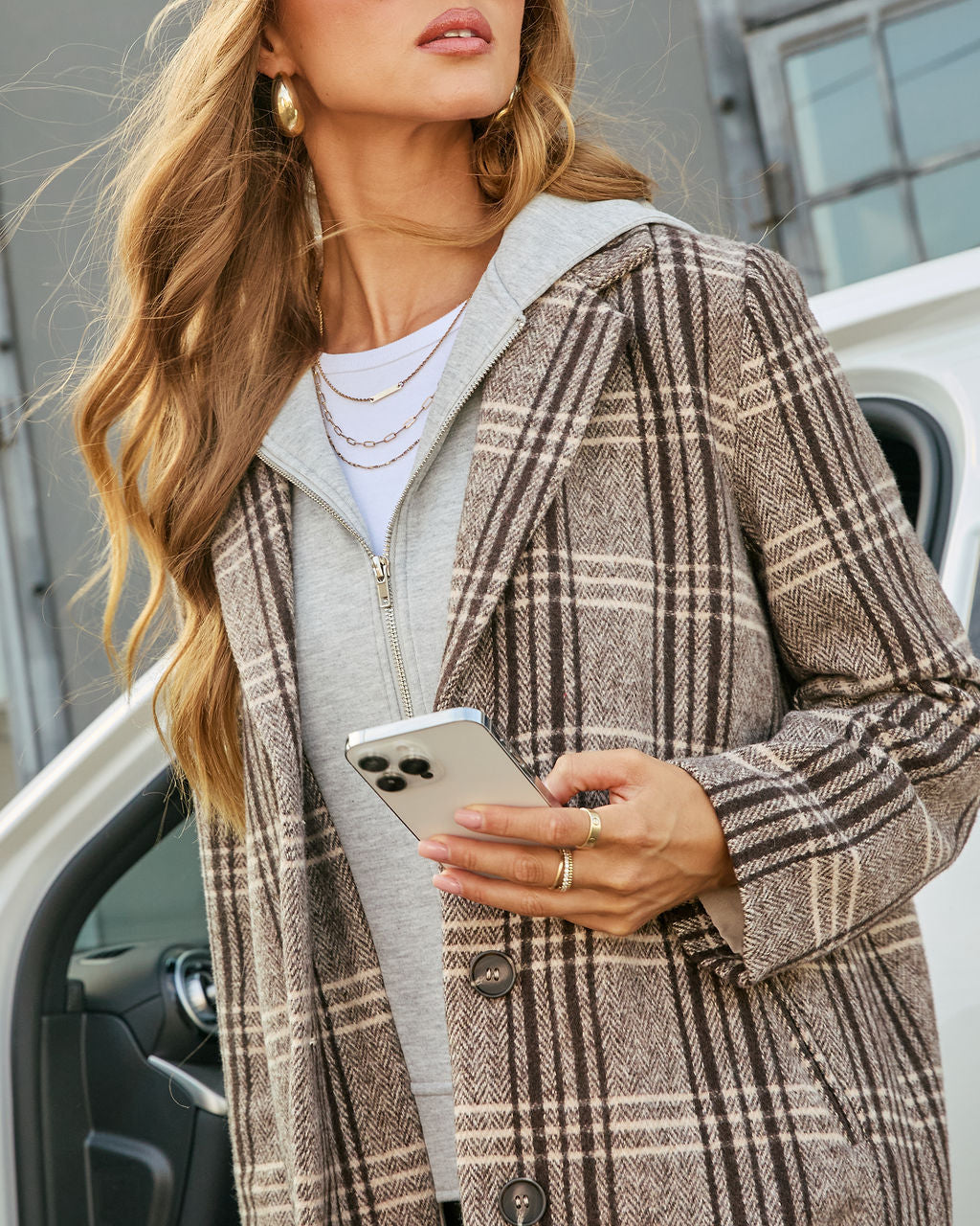 Plaid Coat with Attached Hood and Inner Zipper Hoodie, Wool Blend