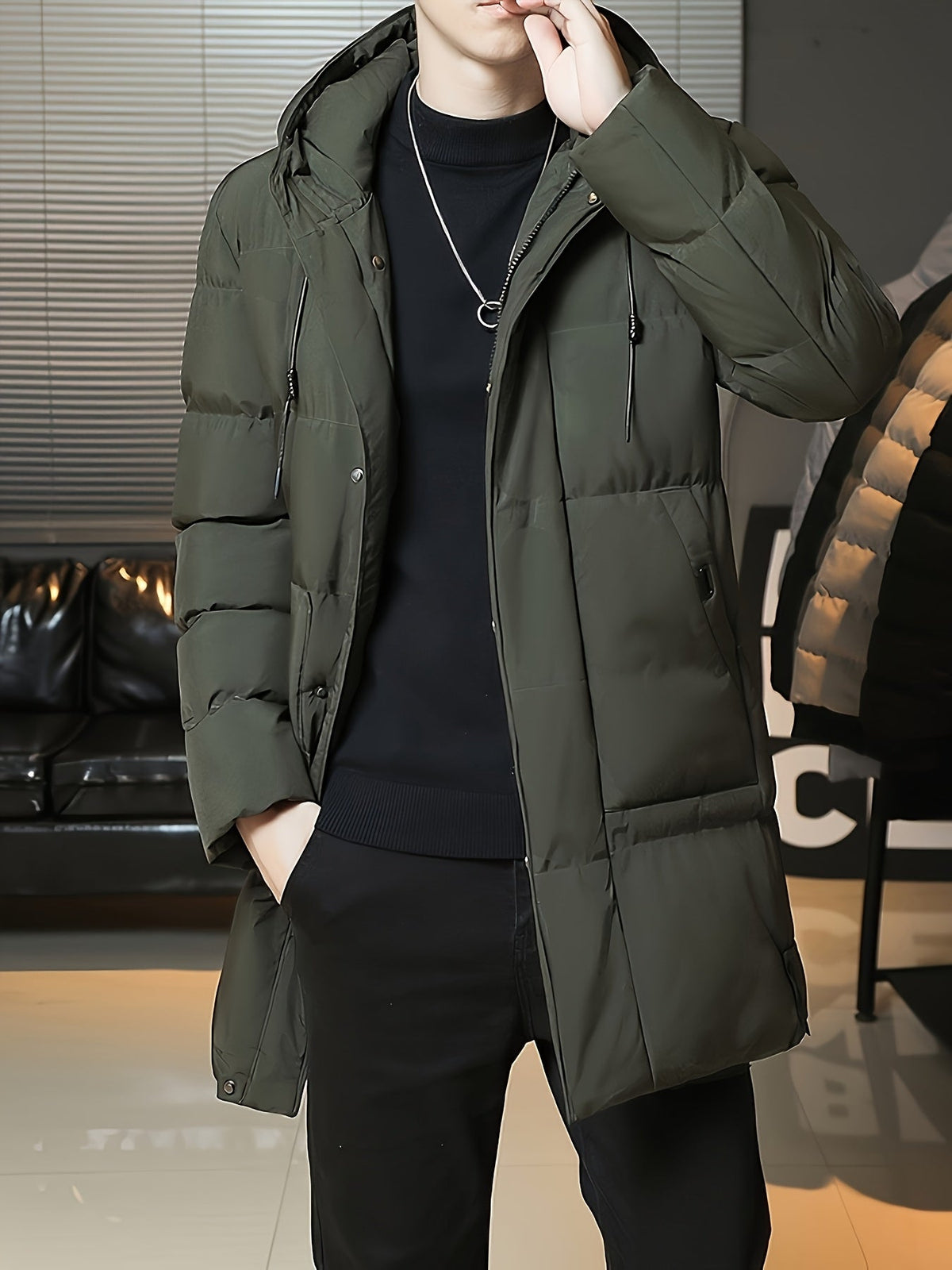 Padded Longline Coat with Adjustable Hood and Full Zipper
