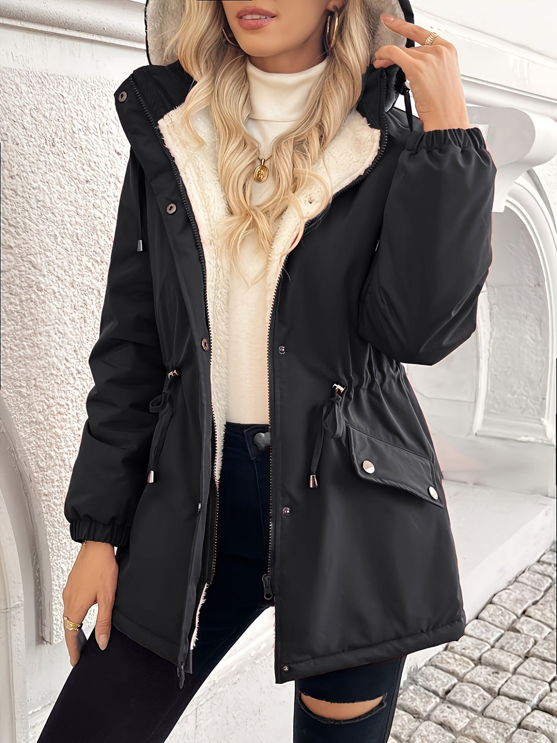 Men's Hooded Jacket with Zip and Snap Closure, Plush Interior Lining