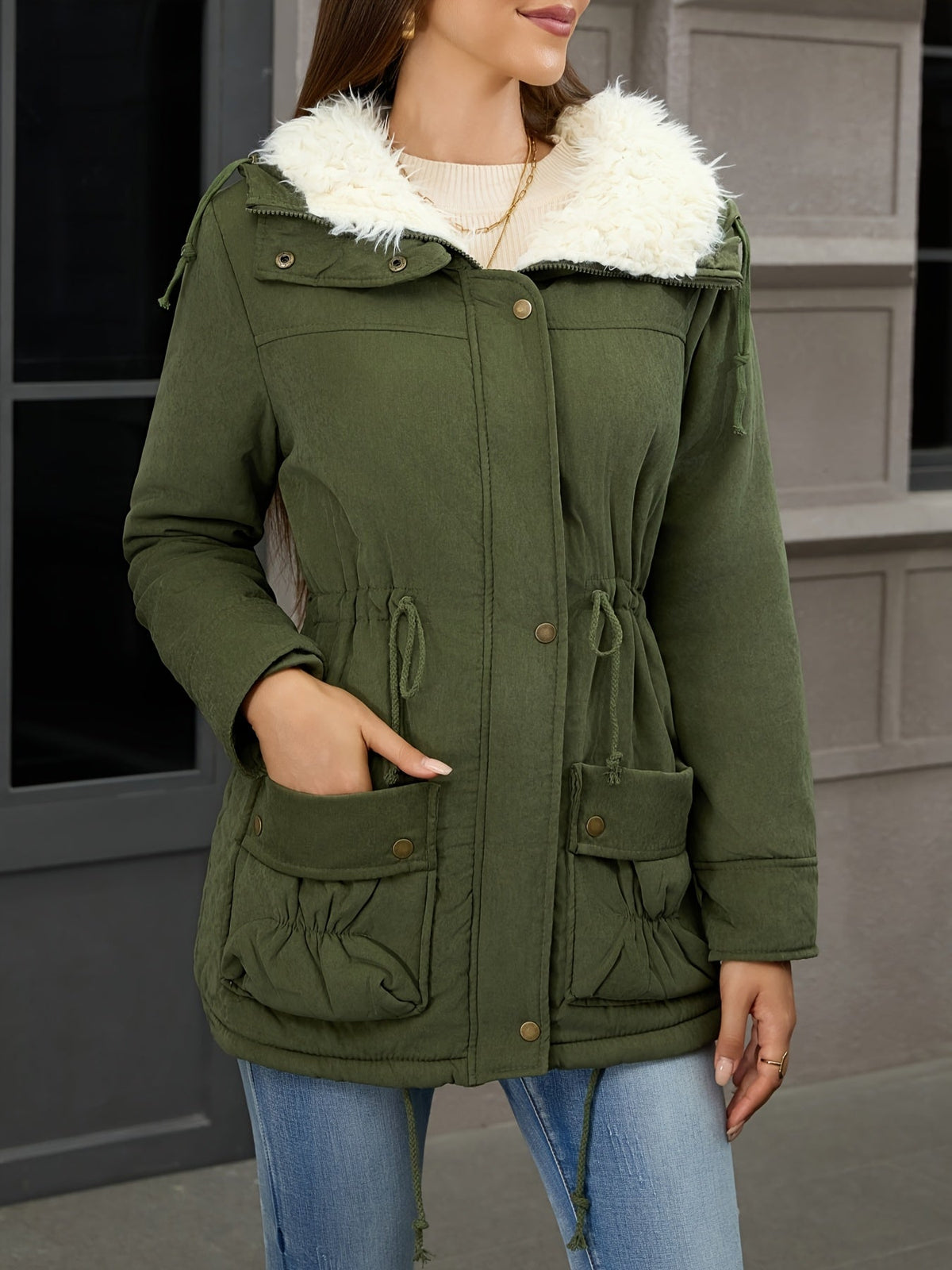 Women's Mid Length Parka with Snap Button Closure and Plush Lining, Adjustable Drawstring