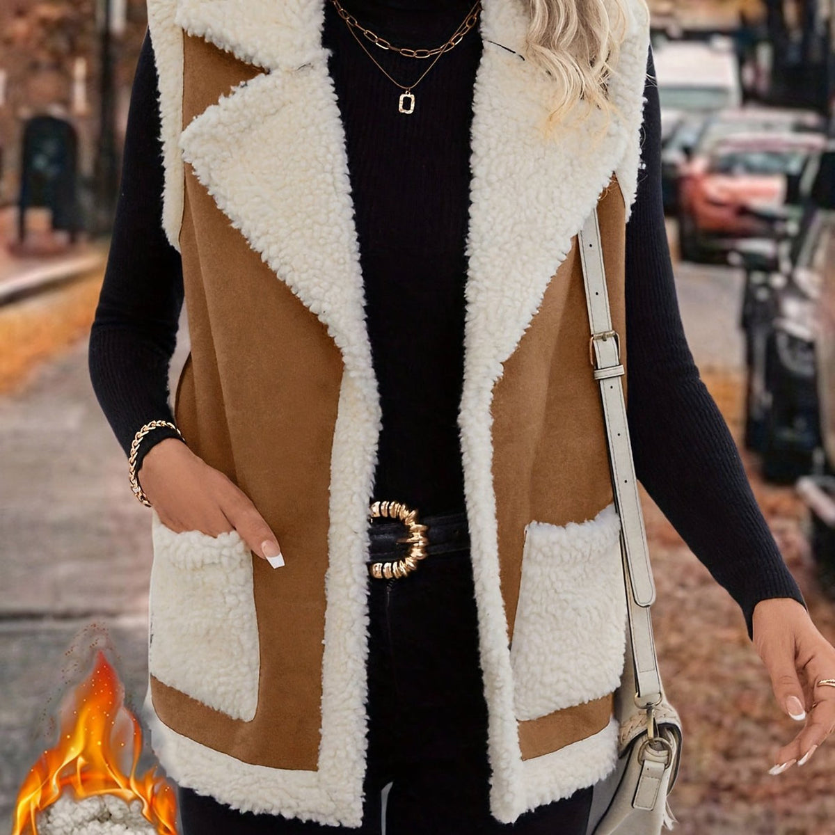 Open Front Vest with Plush Lining and Lapel Collar, Dual Pockets