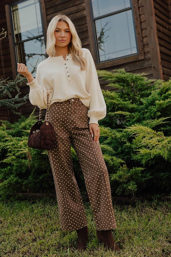Long Sleeve Button Front Henley Sweater with Chunky Knit Texture in Cream