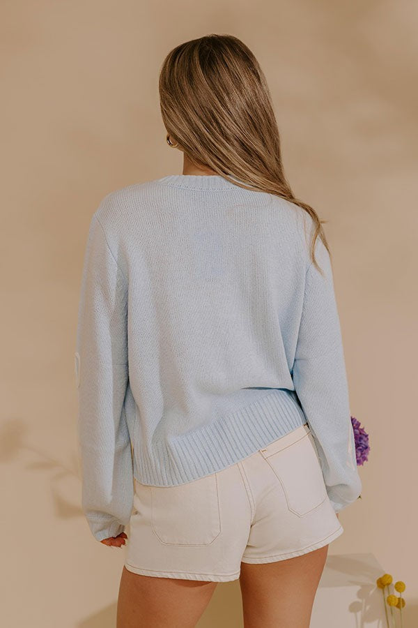 Cable Knit Pullover Sweater in Sky Blue with Colorful Floral Embroidery
