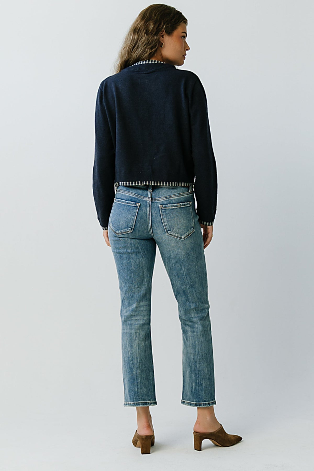 Long Sleeve Mixed Media Knit Top with Poplin Hem and Crew Neckline