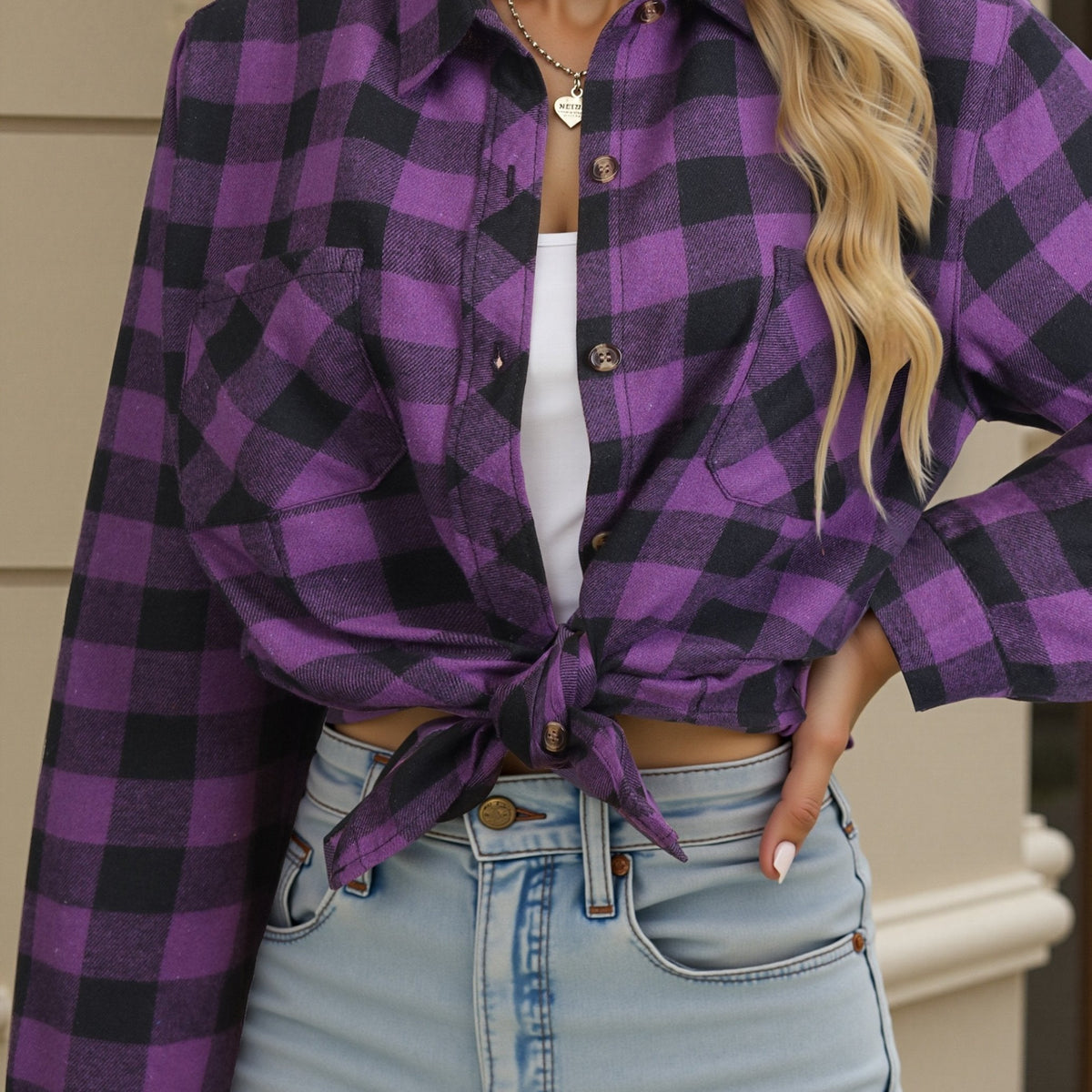 Button Up Buffalo Check Shirt with Chest Pockets and Relaxed Fit