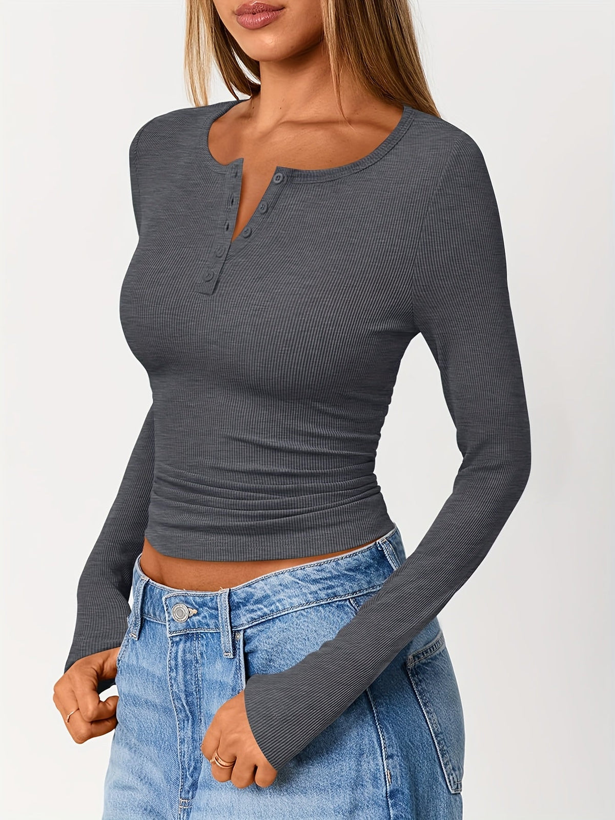 Long Sleeve Henley Top with Button Neckline and Ribbed Texture