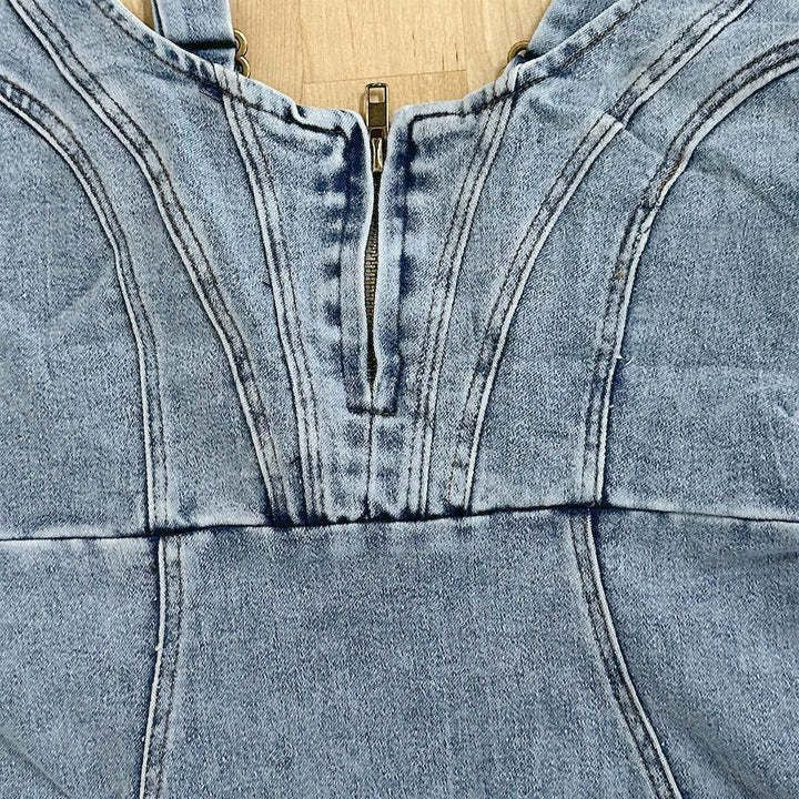 Damen ärmelloses, figurbetontes Denim-Midikleid mit Frontschlitz