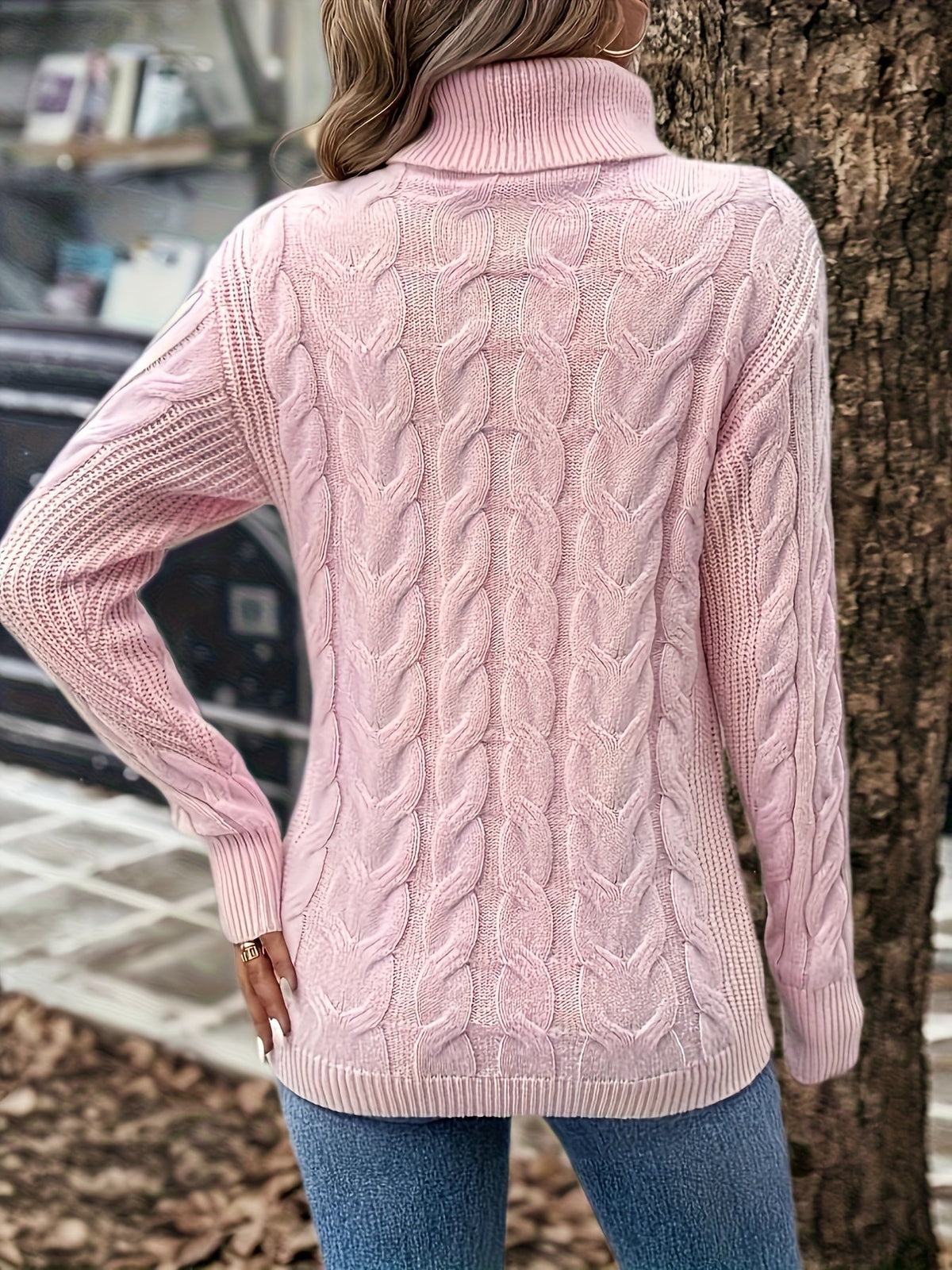Turtleneck Sweater with Cable Knit Pattern and Relaxed Fit, Full Length Sleeves