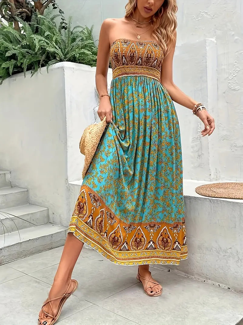 Women's Strapless Boho Maxi Dress with Smocked Bodice - Floral Print