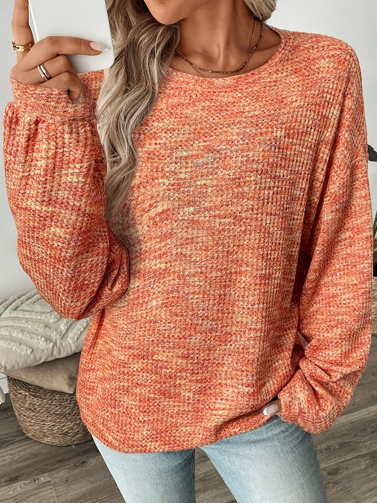 Waffle Knit Pullover with Round Neckline and Extended Hip Length