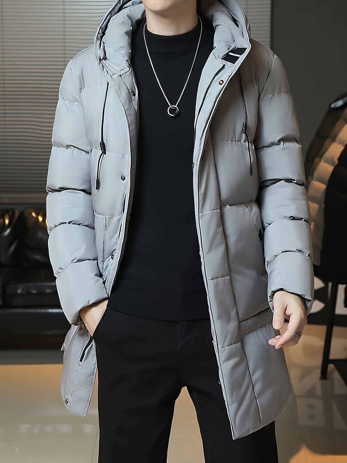 Padded Longline Coat with Adjustable Hood and Full Zipper