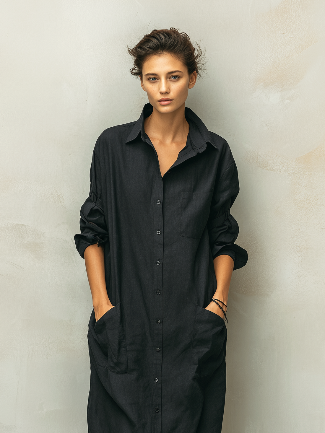 Women's Cotton Linen Midi Dress Shirt Collar