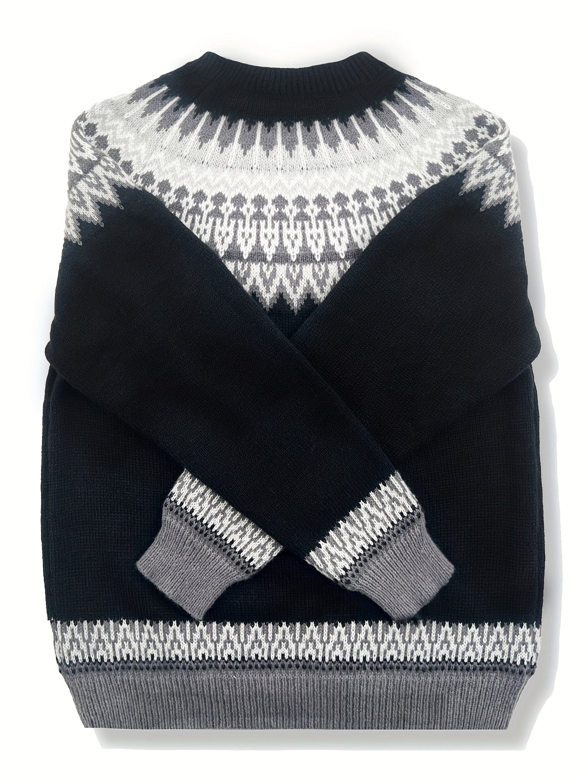 Chunky Knit Sweater with Jacquard Weave Pattern and Round Neck, Hip Length