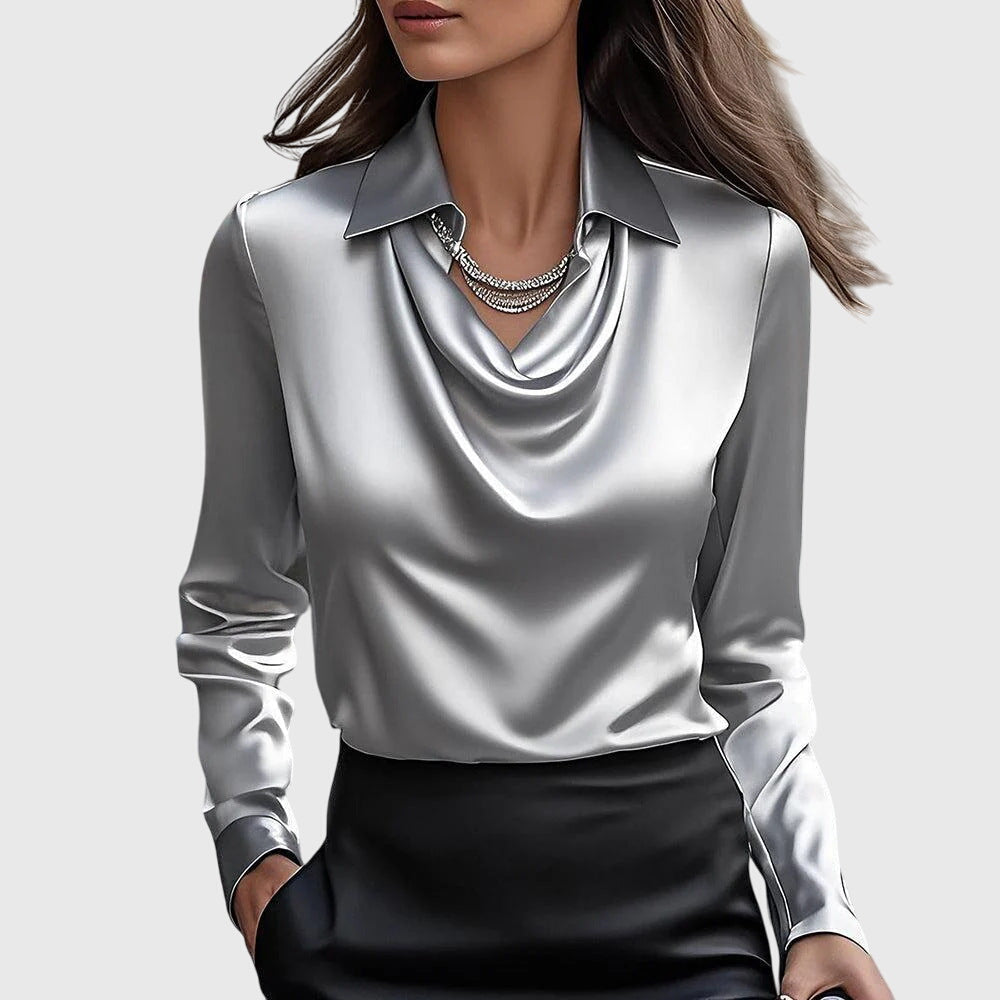 Women's Relaxed Fit Blouse with Draped Neckline and Defined Waist