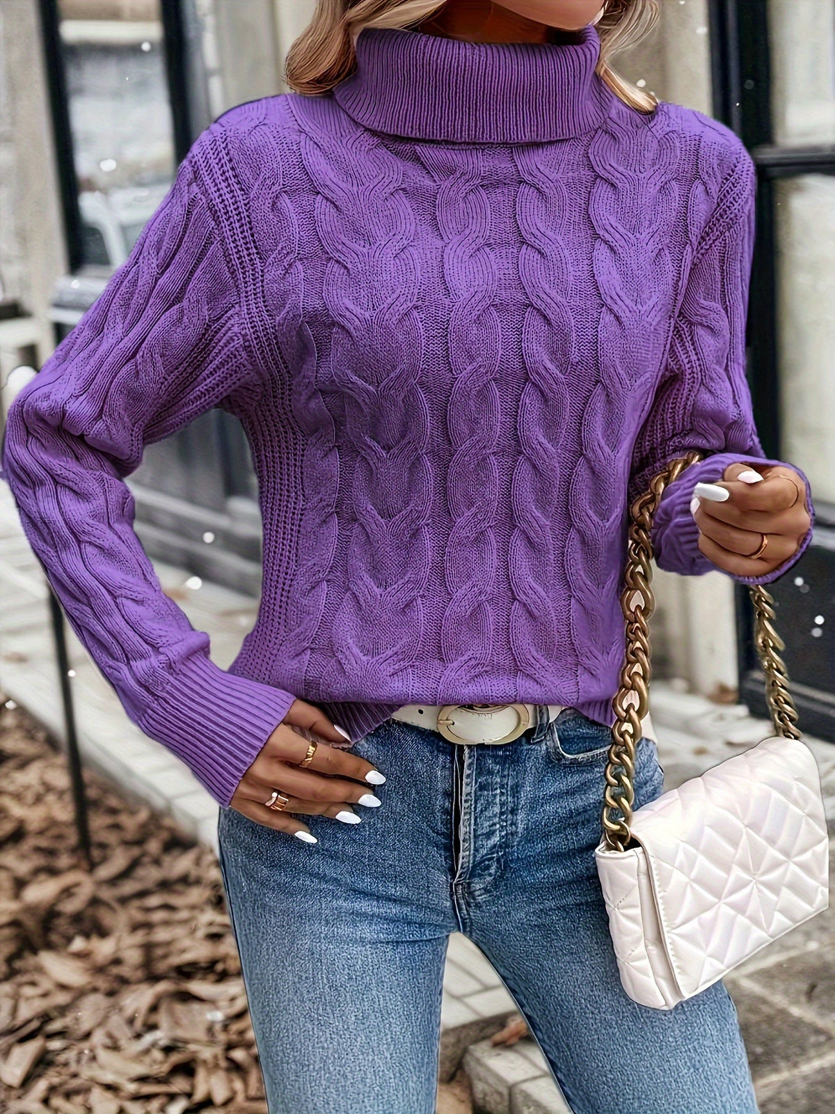 Turtleneck Sweater with Cable Knit Pattern and Relaxed Fit, Full Length Sleeves