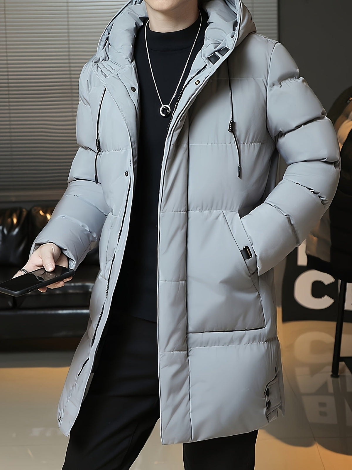 Padded Longline Coat with Adjustable Hood and Full Zipper