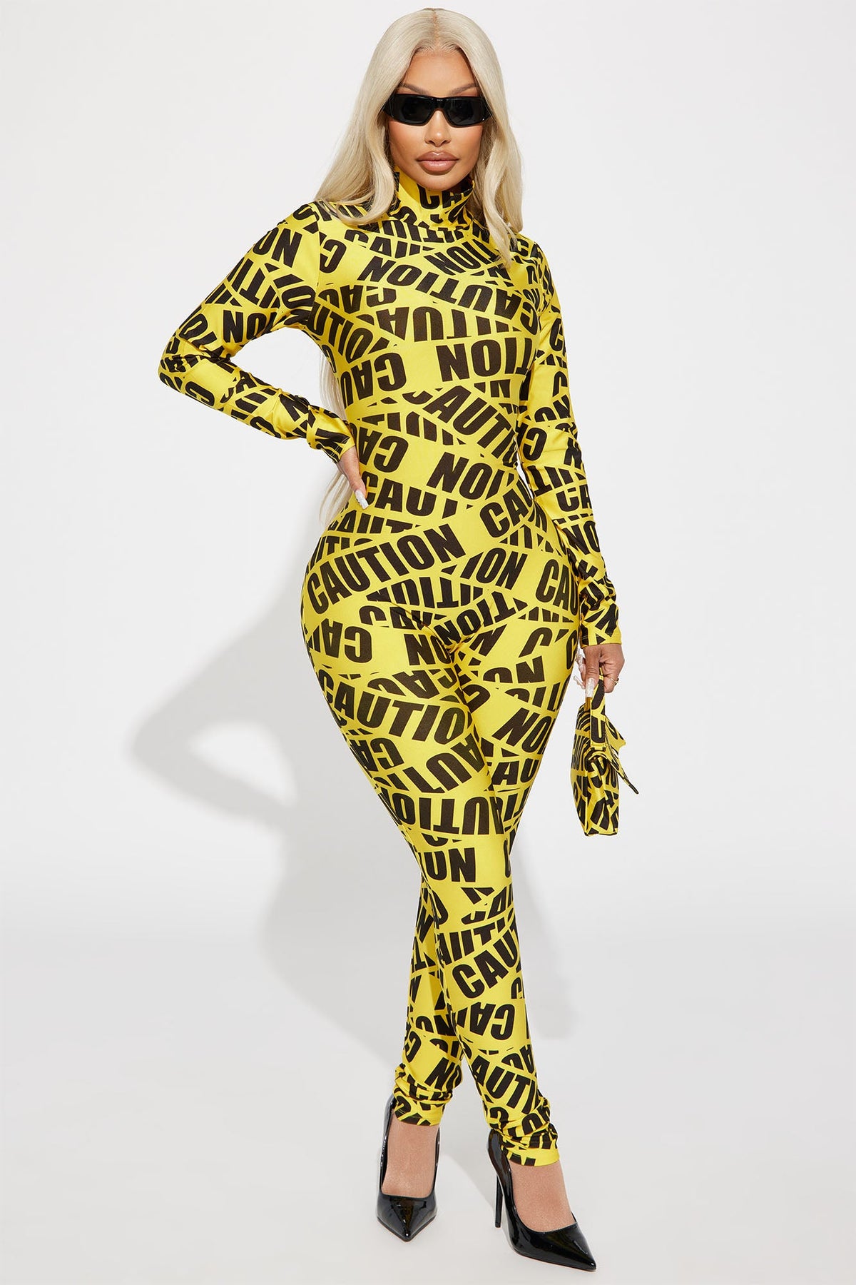 Caution Tape Costume Set with Cropped Top and Neck Accessory, High Waisted Shorts