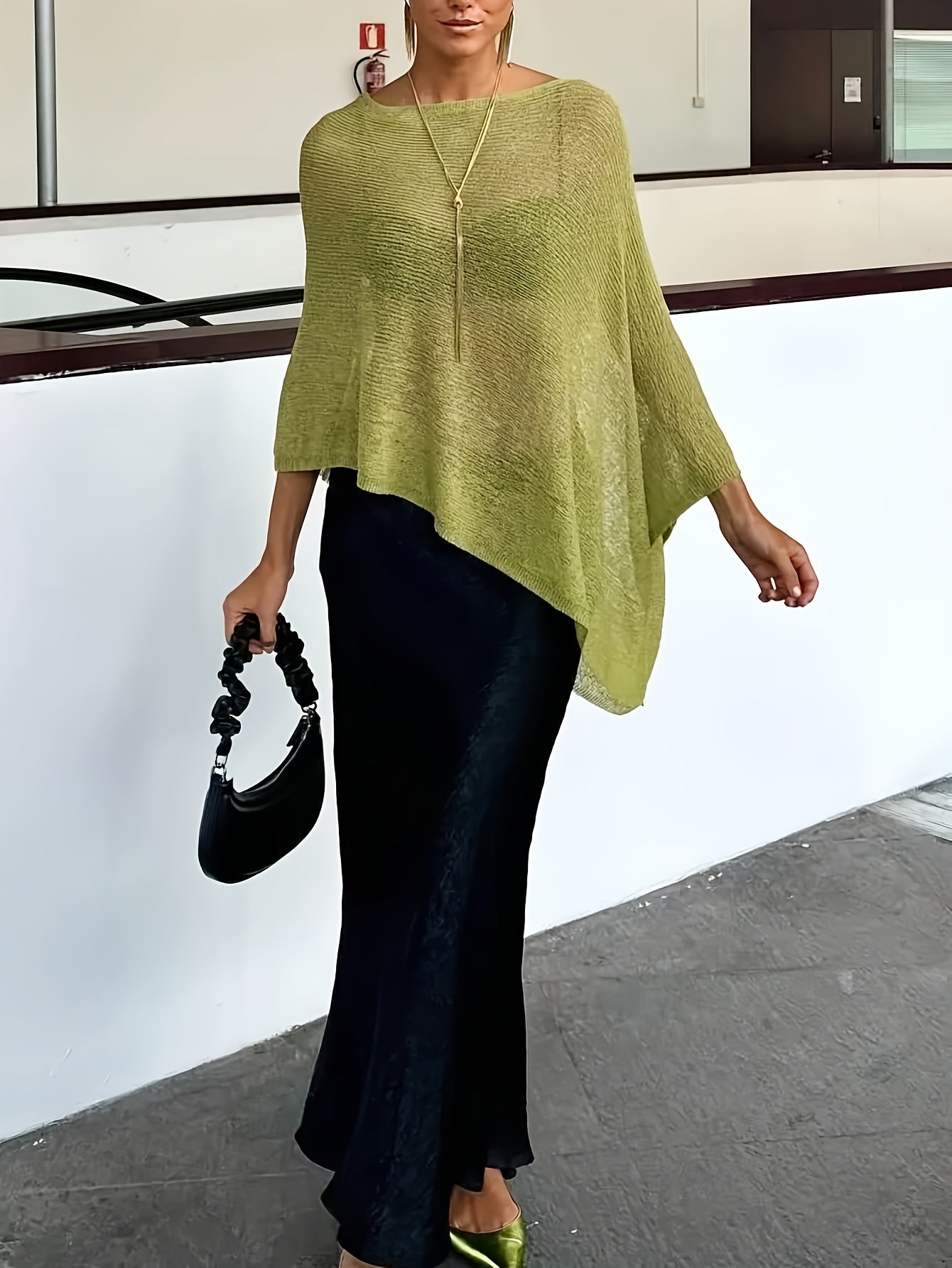 Women's Knit Poncho Sweater - Crew Neck - Asymmetric Hem - One Size