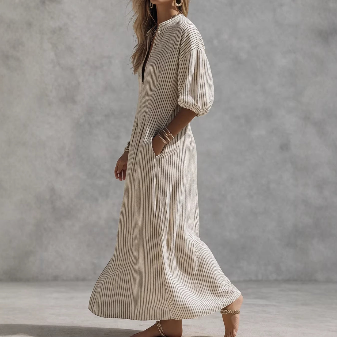 Women's Striped V-Neck Maxi Dress - Half Sleeve - Front Slit - Pockets