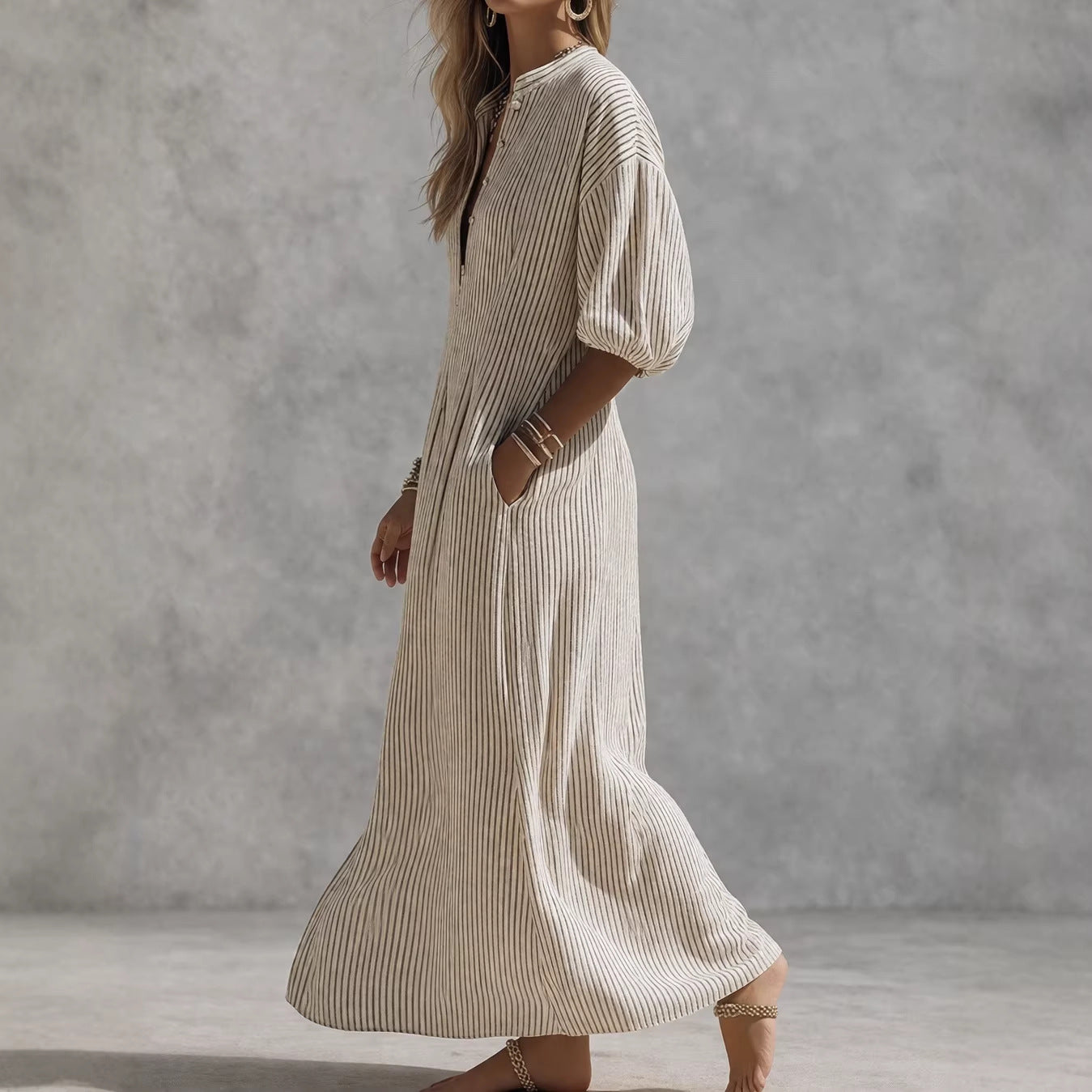 Women's Striped V-Neck Maxi Dress - Half Sleeve - Front Slit - Pockets