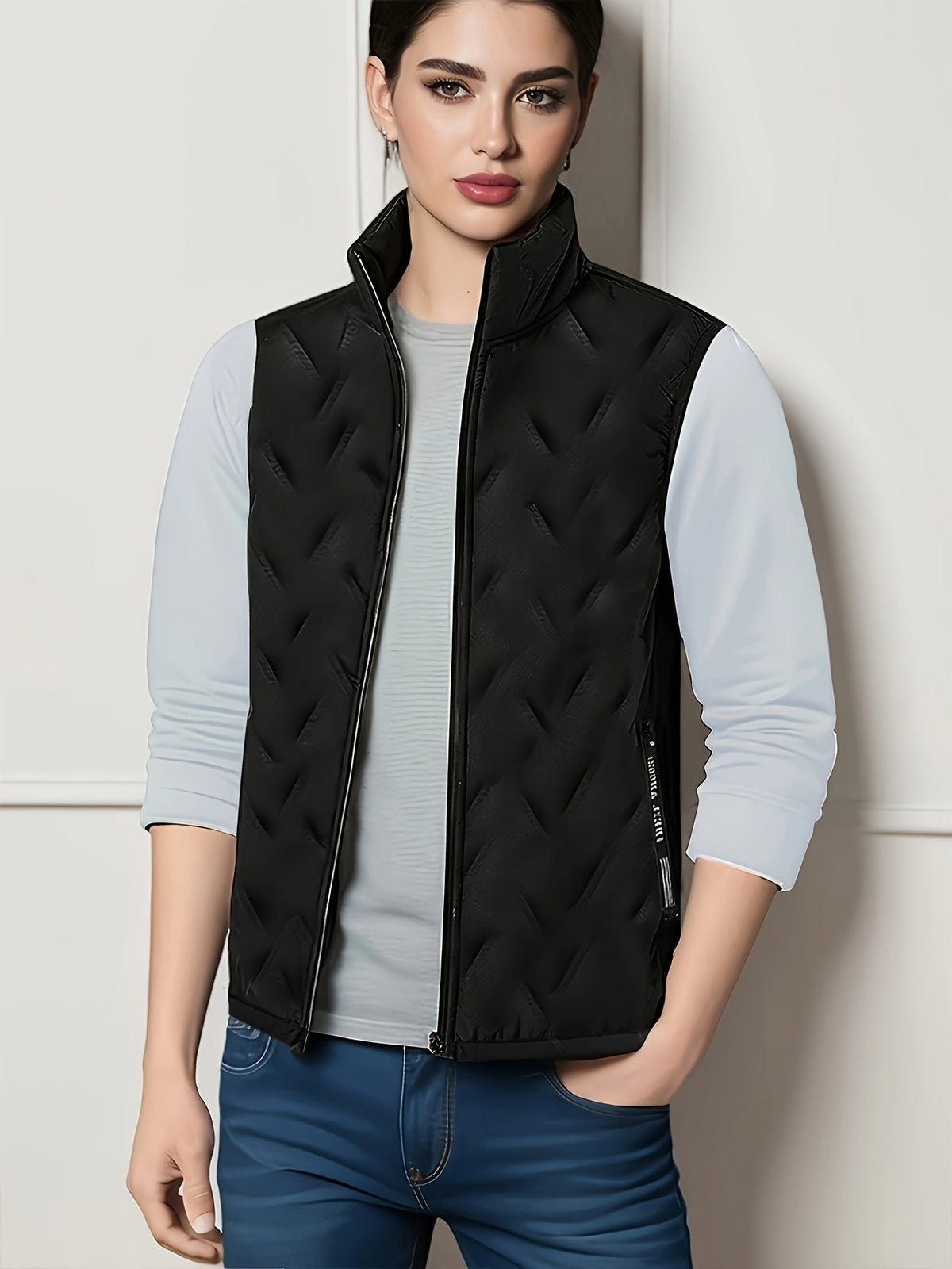 Sleeveless Insulated Vest with Stand Collar and Zippered Pockets, Plush Lined