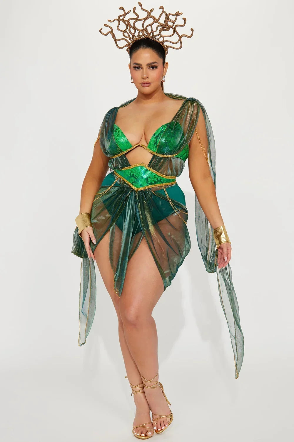 Three Piece Scale Print Costume Set with Metallic Headpiece and Stretch Knit Fabric