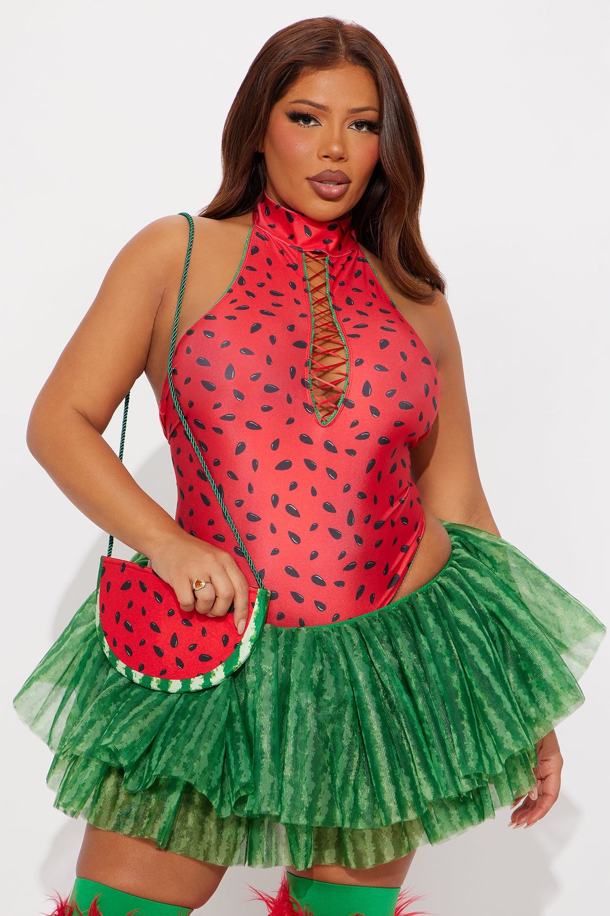 Four Piece Watermelon Costume with Bodysuit, Leg Warmers and Purse