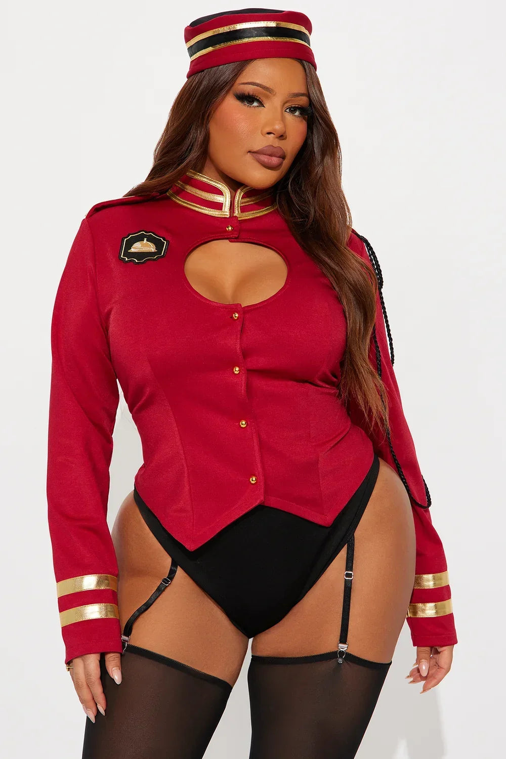 Burgundy Bellhop Five Piece Costume Set with Jacket, Hat and Leggings