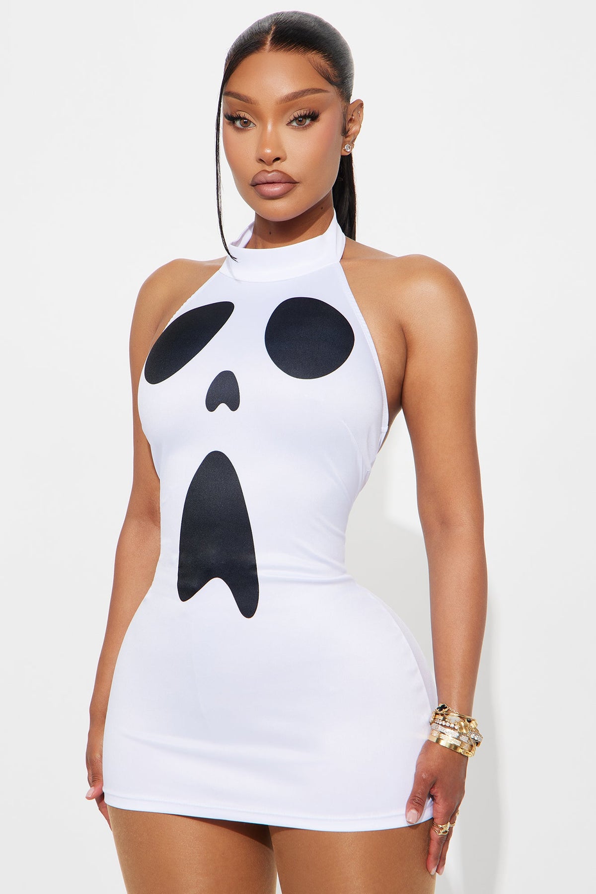 High Neck Sleeveless Mini Dress with Two-Tone Graphic Print