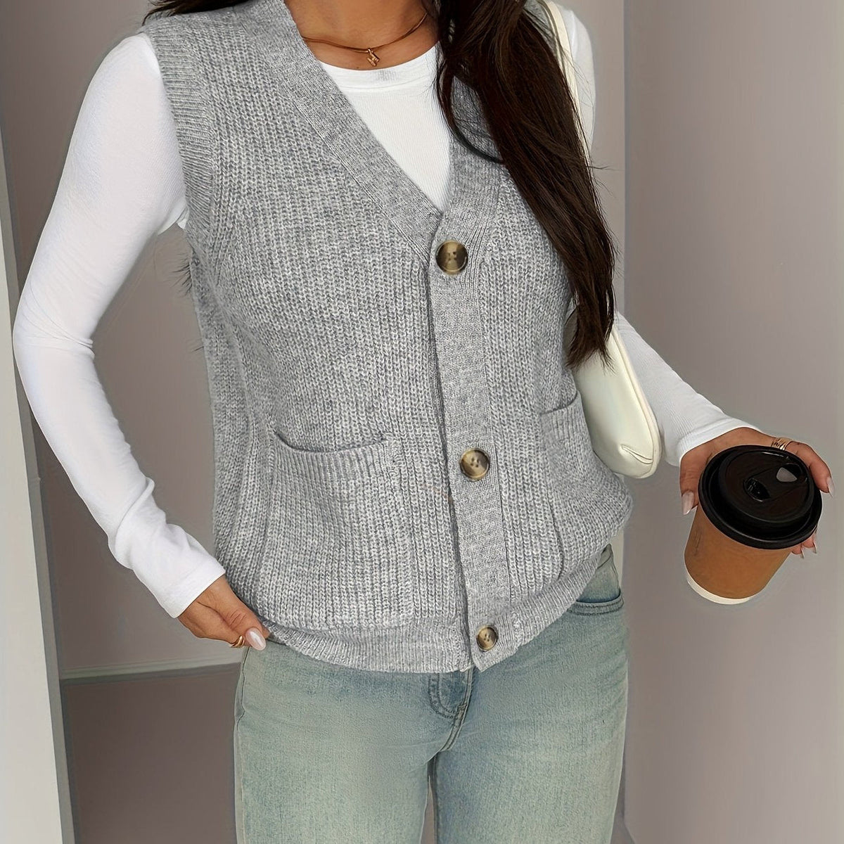 Sleeveless Knit Vest with Button Front and Front Pockets, Relaxed Fit