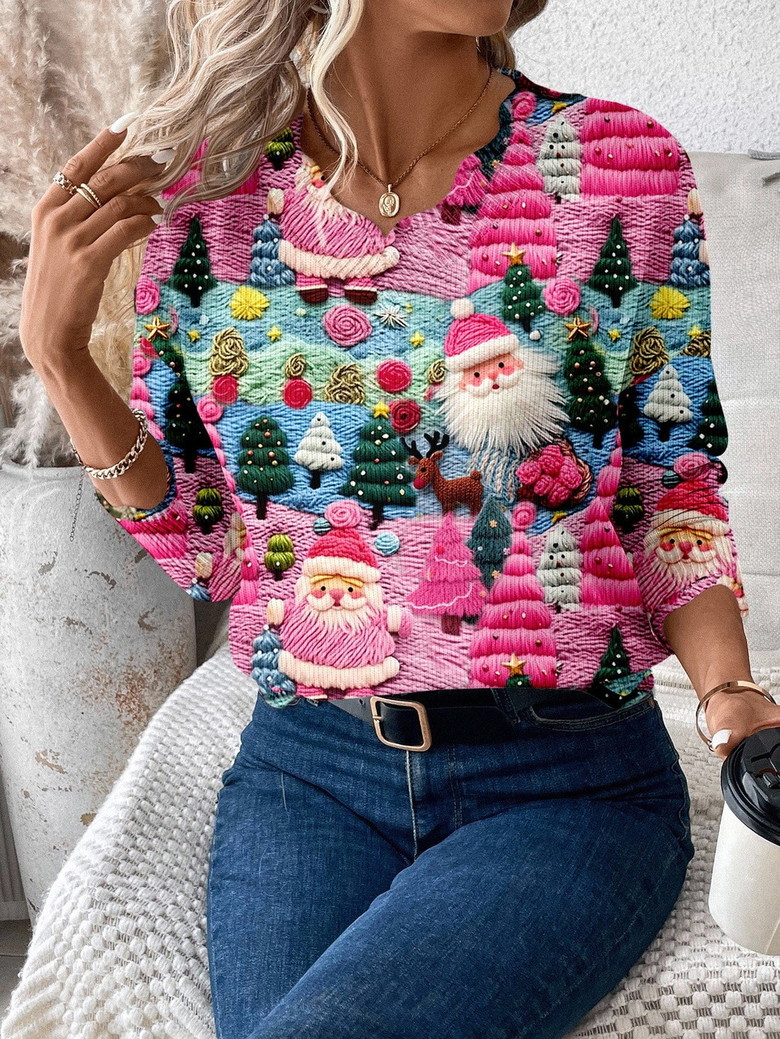 Christmas Pullover Sweater with Scalloped Hem and Multicolor Pattern for Women